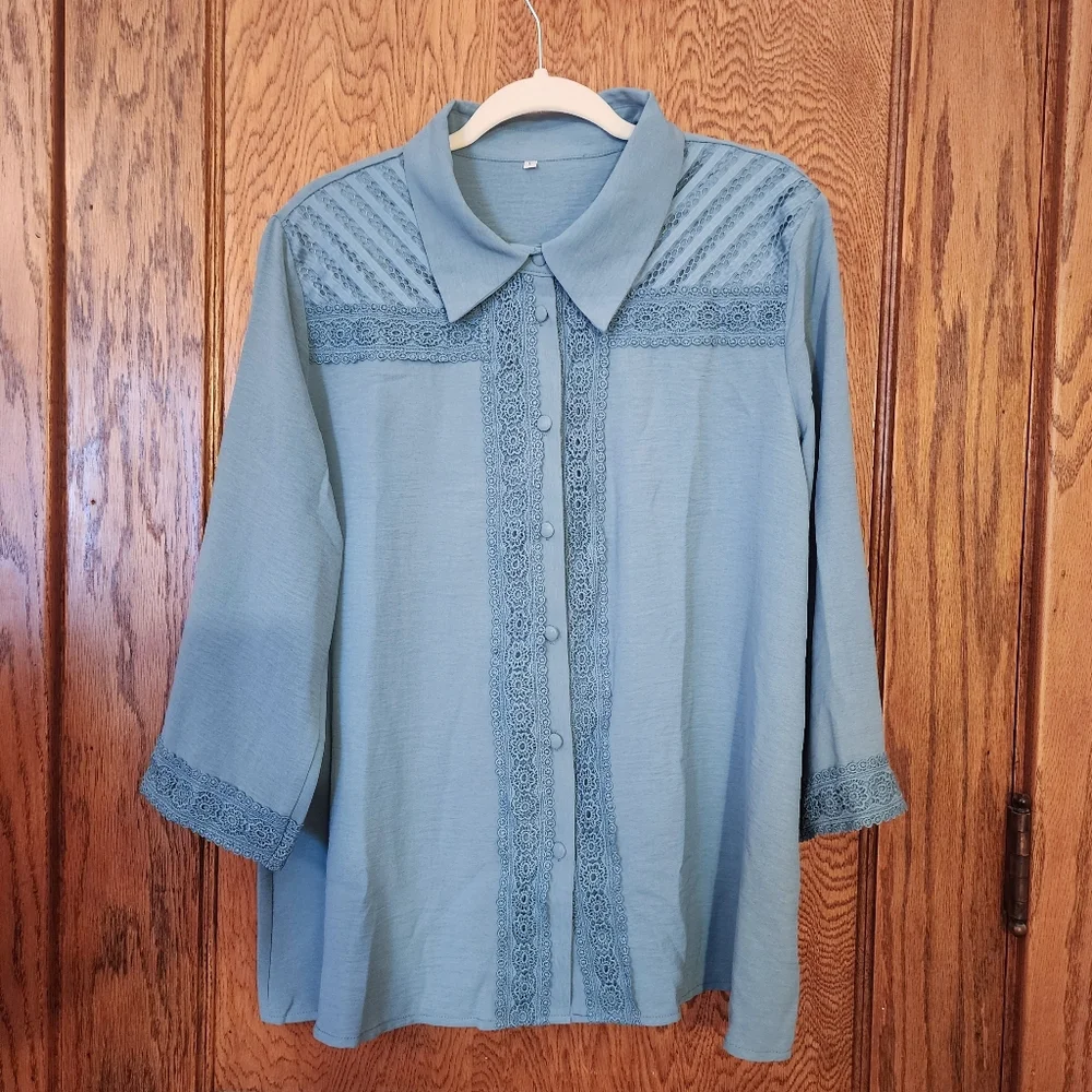 NEW Modlily Womens Teal Green Button Down 3/4 Sleeve Blouse Size L Cottagecore - Picture 1 of 8